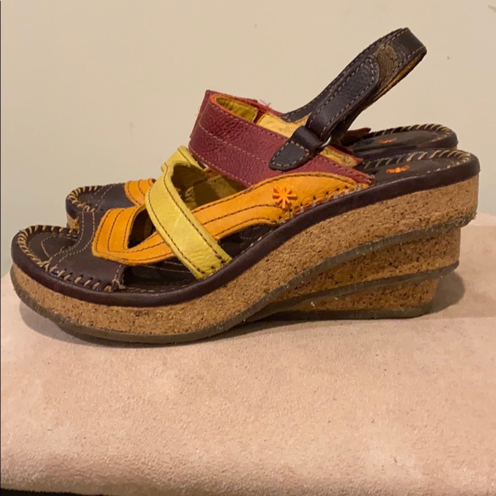 Multi-Color Leather Cork Wedge Sandal - Yellow/Orange/Red